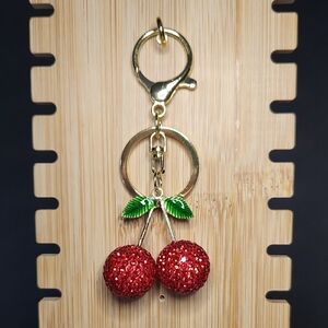 Cherry Sparkle Purse Charm With Key Ring And Gold Accents